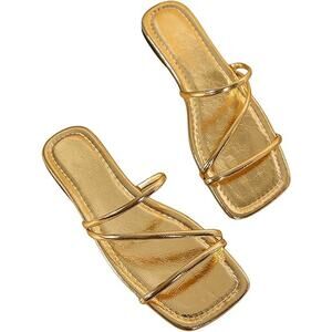 Gorglitter Womens Size 9 Gold Sandals Flats Strappy Open Square Toe Shoes